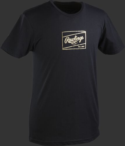 A black adult Rawlings Gold Patch short sleeve shirt with a gold Rawlings patch outline