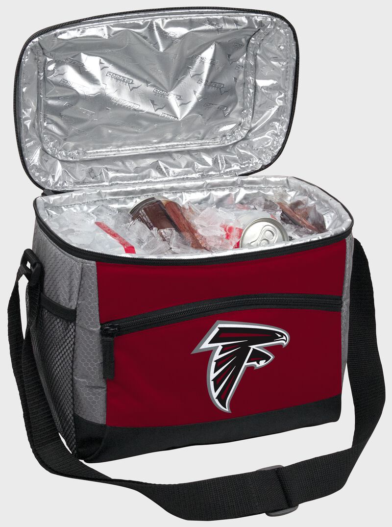 An open Atlanta Falcons 12 can cooler with ice and drinks