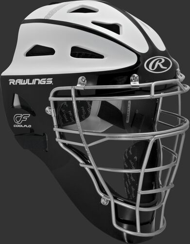 Front right of a black/white SBCHVEL Rawlings Velo softball youth catcher's helmet