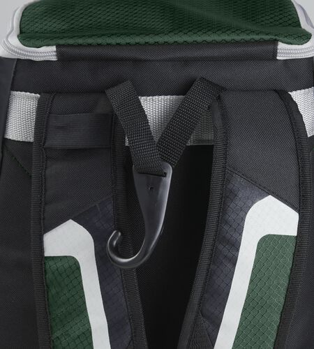 Exterior handle on the back of a black/dark green R500 backpack with a hook for hanging it up