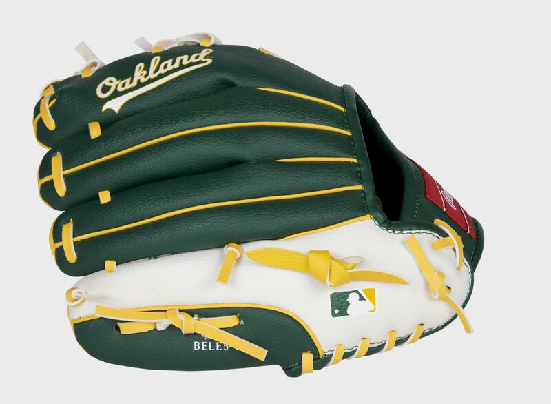 Green/white back of an Oakland Athletics youth glove with the MLB logo on the pinky - SKU: 22000003111
