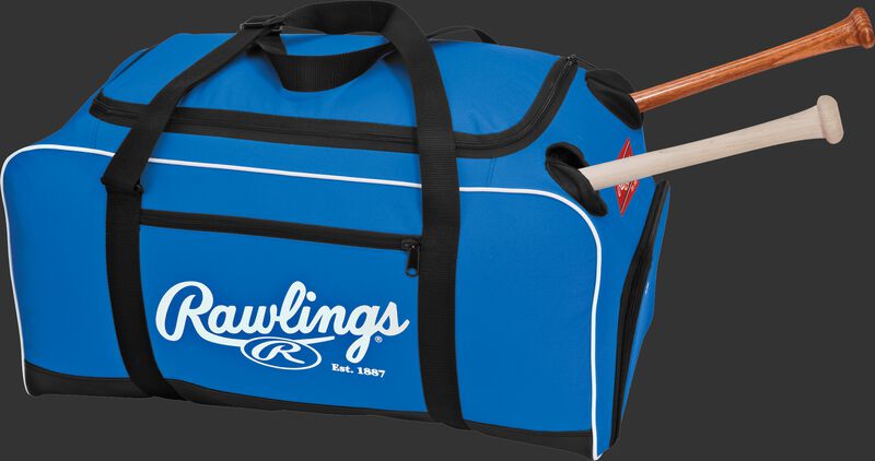 A royal Rawlings COVERT duffel bag with two bats in the compartments on each side