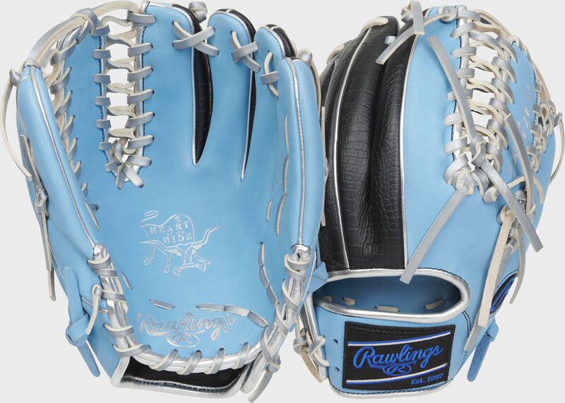 2 views showing back/palm of a Columbia blue/black exclusive Heart of the Hide R2G 12" Trap-Eze web glove - SKU: RSGRPROR206-22CB