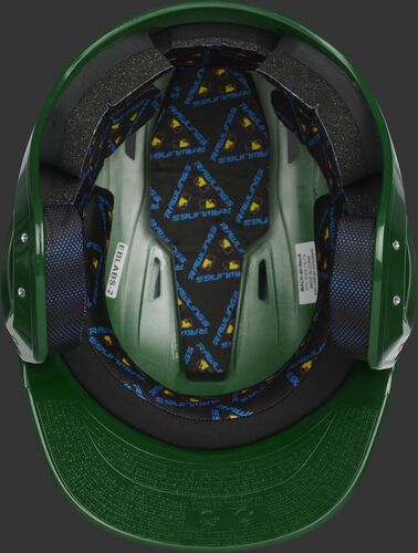 Inside of a dark green MCC01 ventilated Mach batting helmet with black foam padding