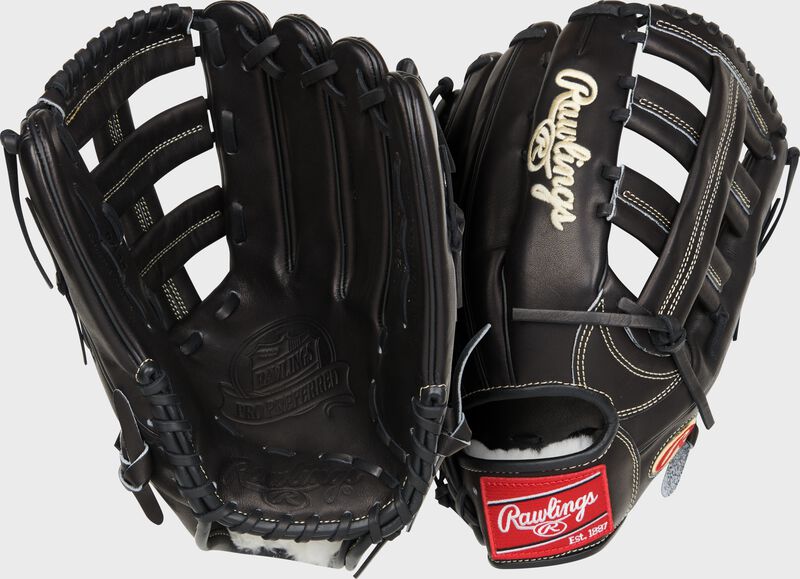 Two images showing the palm & back of a black Gameday 57 Series Adam Duvall Pro Preferred glove loading=