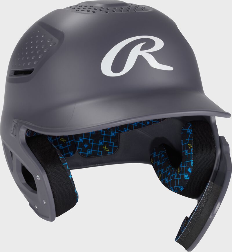 Front right of a graphite Rawlings RX2 Reverse batting helmet