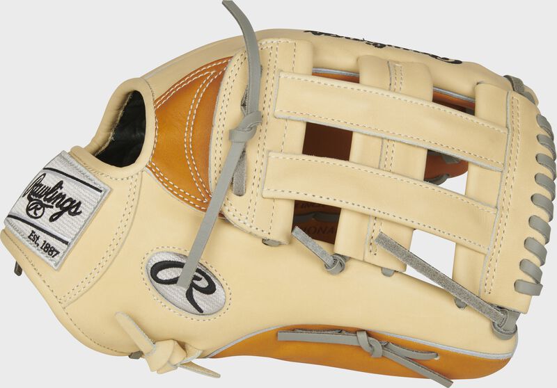 Camel thumb of a 2021 Heart of the Hide 12.75-Inch outfield glove with a camel H-web - SKU: PRO3039-6TC