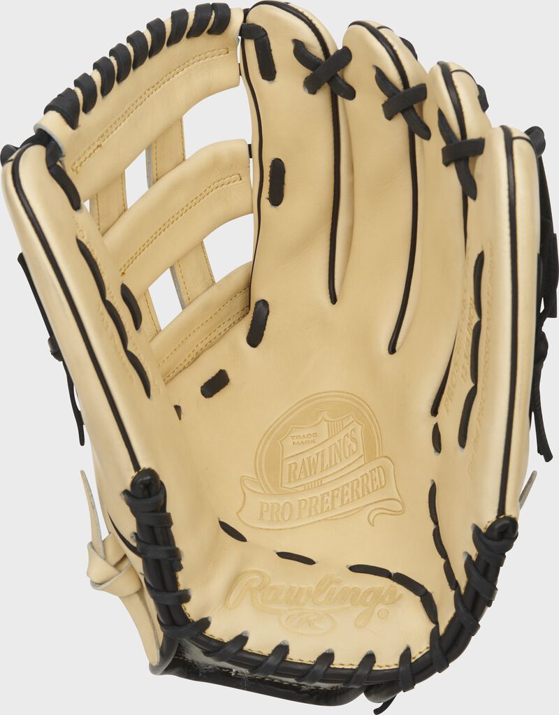 Palm of a camel Rawlings Pro Preferred exclusive outfield glove with a camel web and black laces - SKU: PROS303-6KCPRO