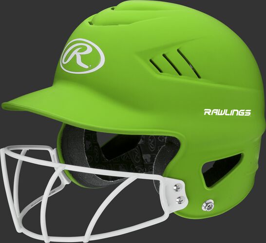A neon green RCFHLFG Coolflo batting helmet with a white facemask