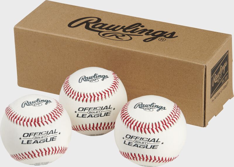 3 Rawlings Official League baseballs in front of a box - SKU: RSGROLBPK3