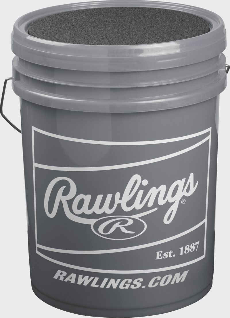 Gray bucket with white Rawlings patch on a R100UP1BUCK24 High School Ultimate Practice ball bucket