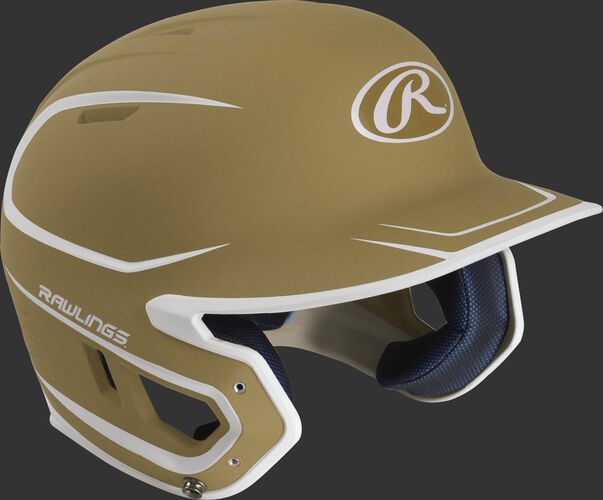 Right angle view of a matte MACH Junior batting helmet with a vegas gold/white shell