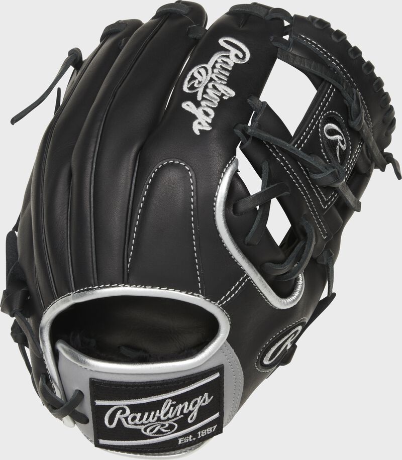 Back of a black 11.5-Inch Encore I-web infield glove with a black Rawlings patch - SKU: EC1150-2B