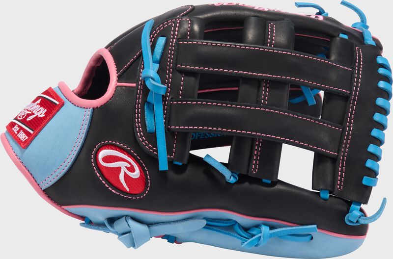 Thumb of a black/Columbia blue R9 Series 12.75-Inch Outfield Glove with a Pro H-web loading=