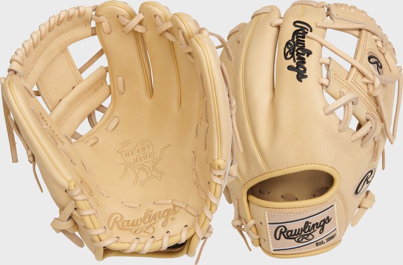 2 images showing the palm & back of a camel Heart of the Hide R2G infield glove - SKU: RSGPROR204-2C