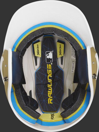 Inside of a Rawlings MACH baseball helmet with IMPAX durable foam padding