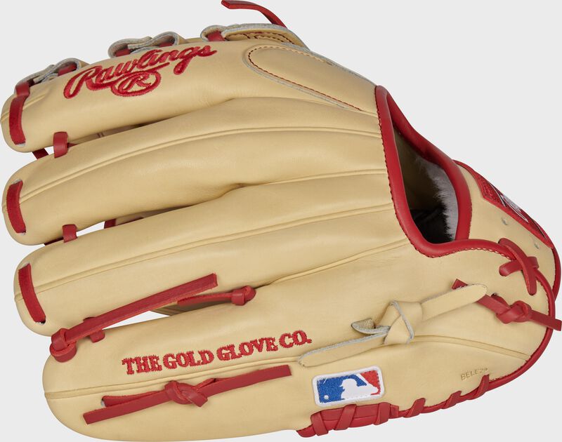 Pinky back view of camel and red 2021 Xander Bogaerts Pro Preferred infield glove loading=