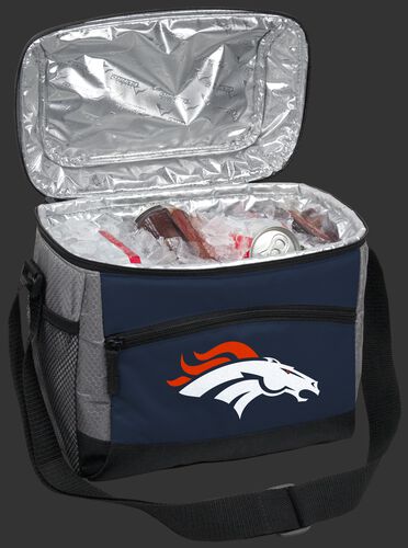 An open Denver Broncos 12 can cooler filled with ice and drinks - SKU: 10111066111
