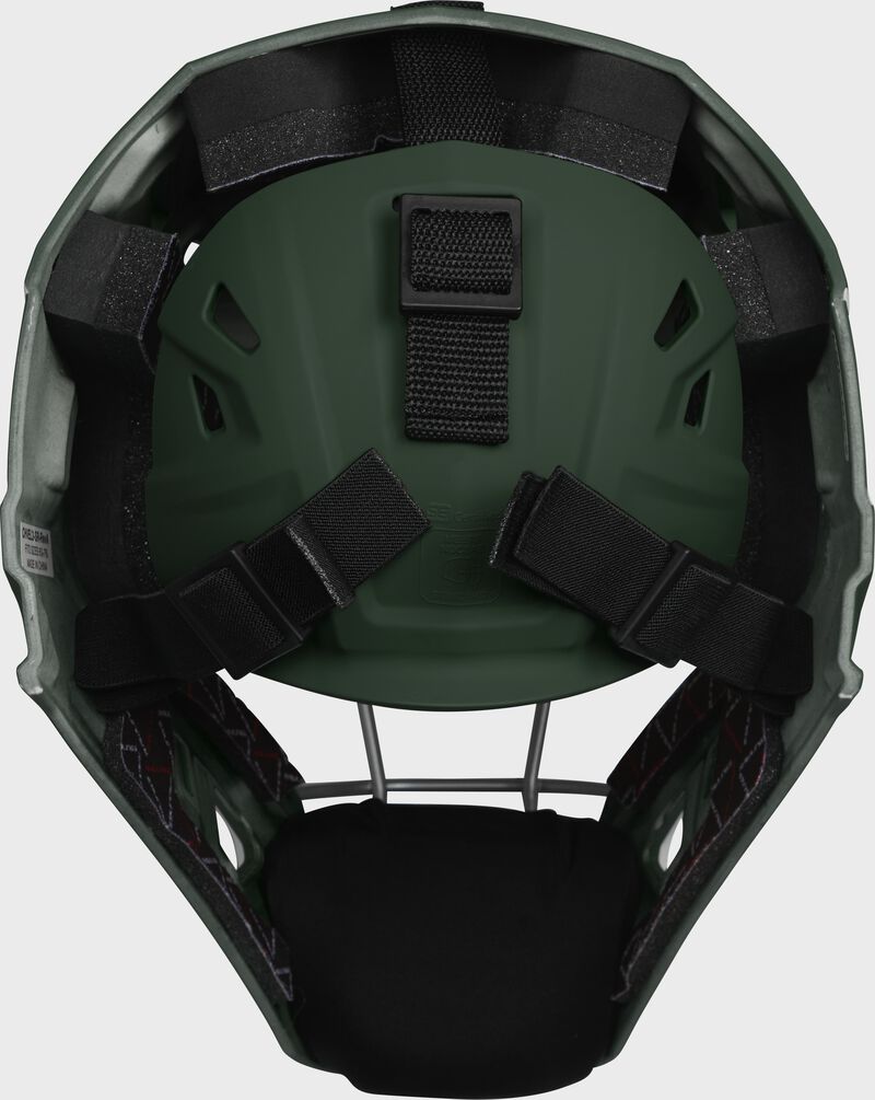 Back of a dark green Velo 2.0 catcher's helmet