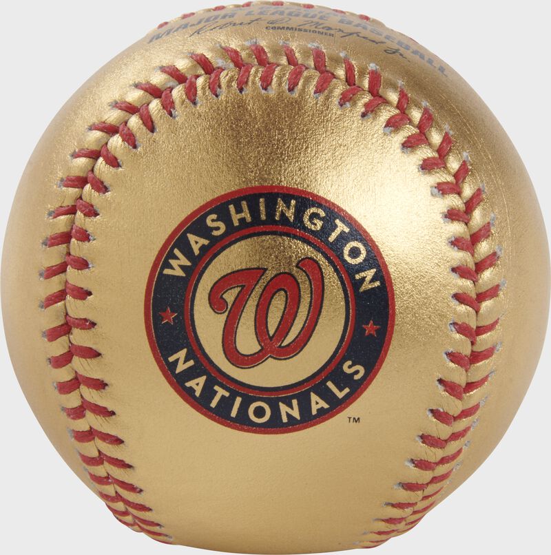Nationals logo on a gold MLB baseball with red stitches - SKU: RSGEA-GOLDWAS-R