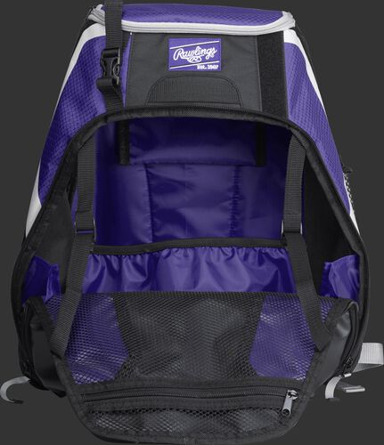 An open R500 Rawlings Players equipment backpack with purple interior