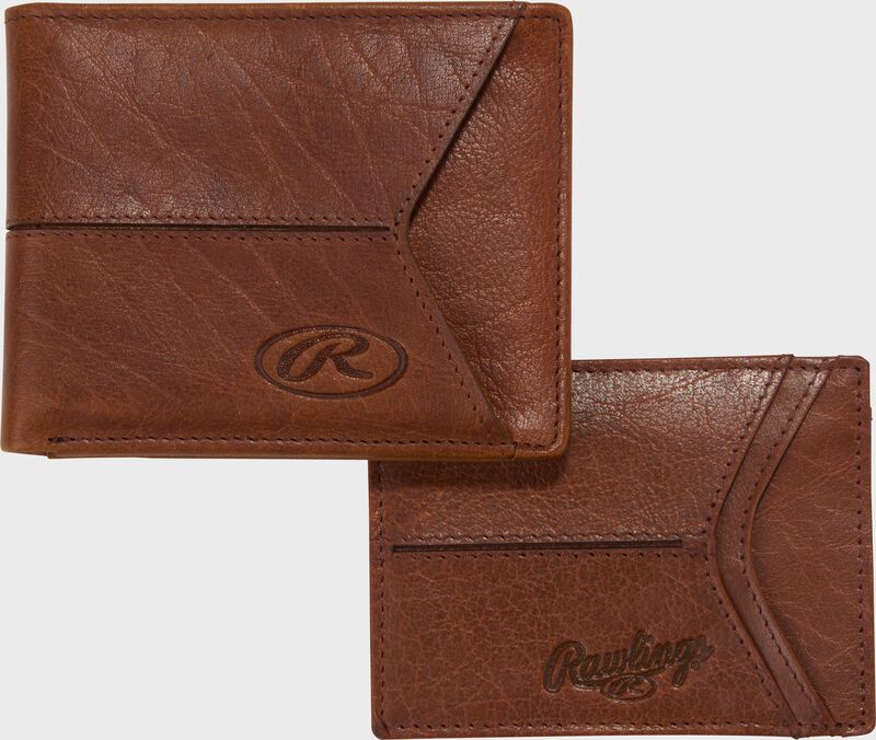 Two images showing both sides of a tan Rawlings Home Run bi-fold wallet