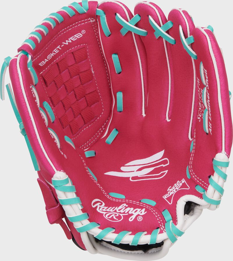 Palm of a pink/mint Sure Catch Softball 10.5-inch Youth Softball Glove