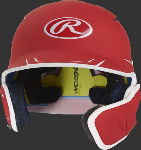 Front of a matte scarlet/white MACHEXTR junior size Mach batting helmet with face guard extension for right hand batters