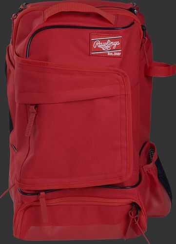 Front of a scarlet R701 Rawlings training backpack with a locker style front pocket