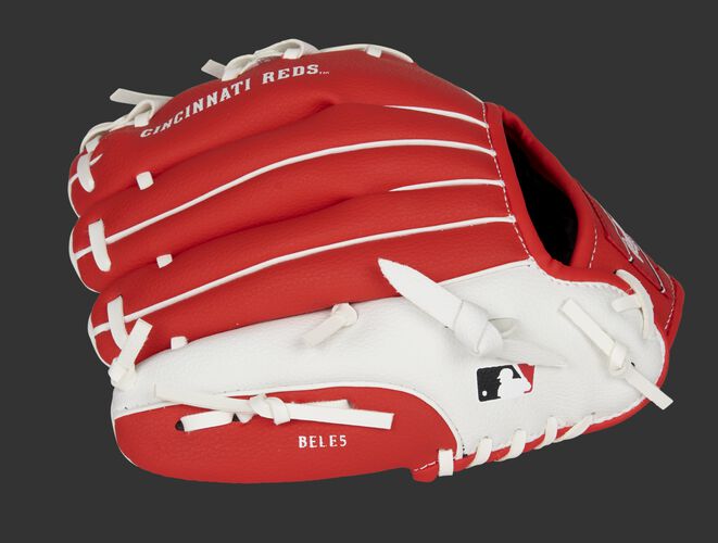 Back of a red/white Cincinnati Reds 10-Inch youth glove with the MLB logo on the pinky - SKU: 22000023111