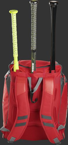 Back of a scarlet Rawlings Legion baseball bag with 3 bats in the bat storage sleeve - SKU: LEGION-S