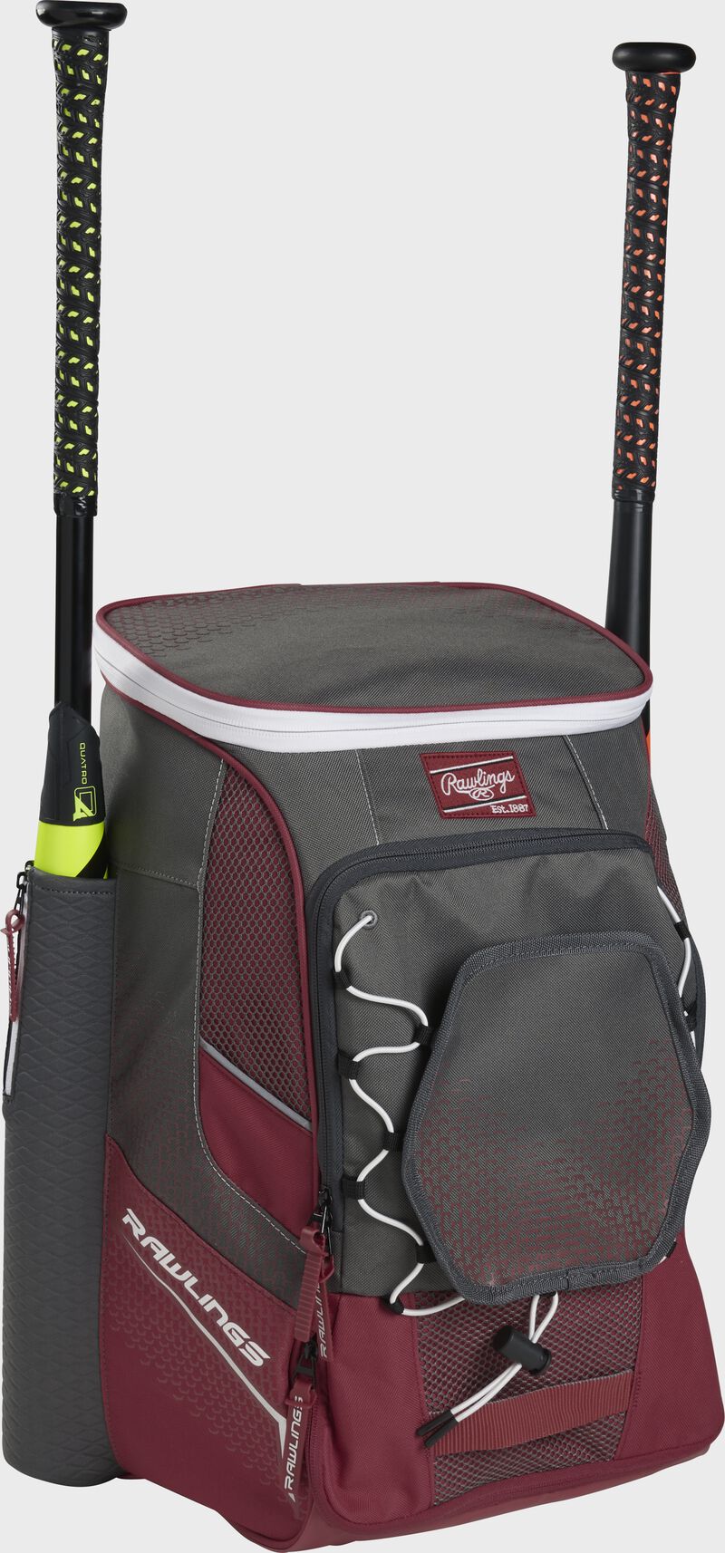 Front left angle of a cardinal Rawlings Impulse baseball gear backpack with two bats - SKU: IMPLSE-C