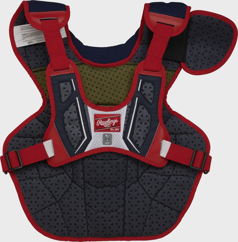 Back of a Velo 2.0 chest protector with a navy/scarlet/white harness