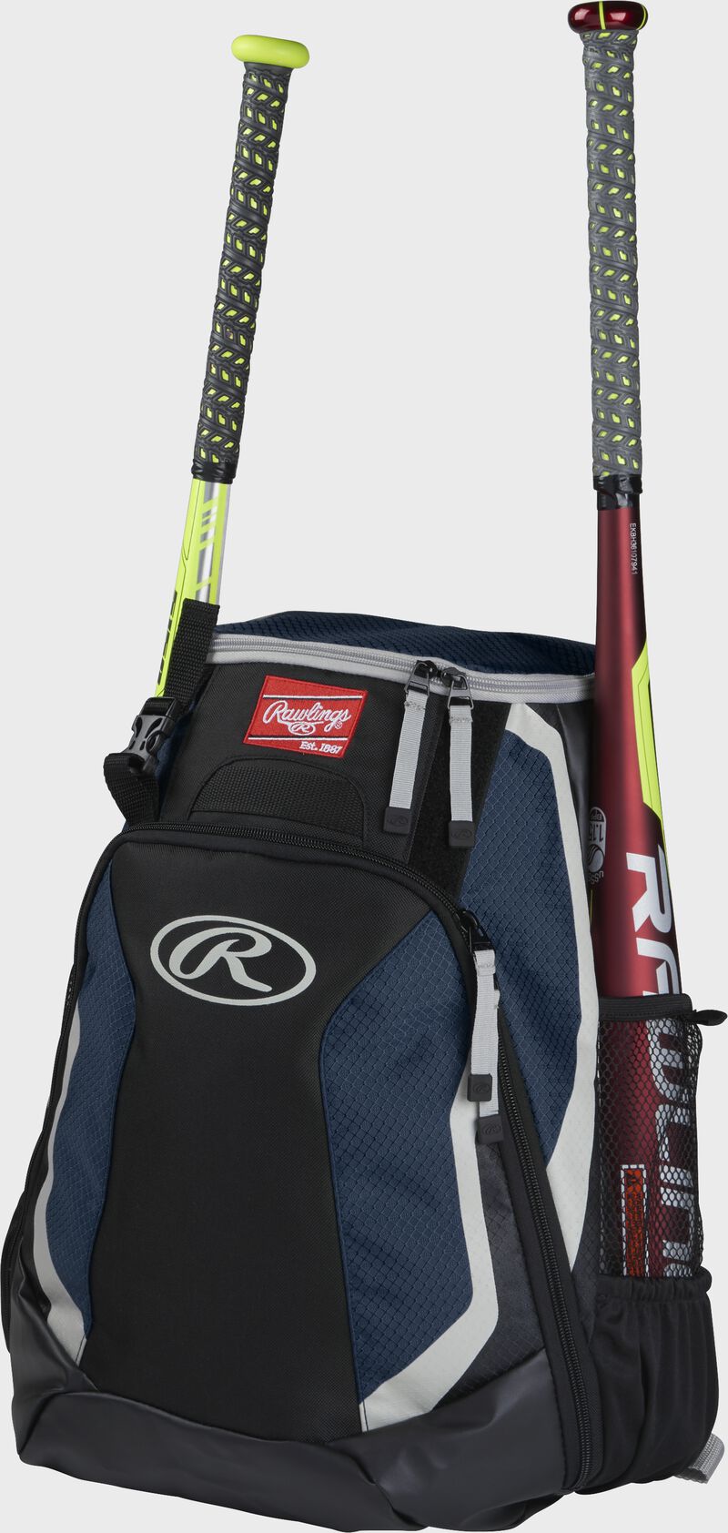 Left side of a black/navy R500 baseball backpack with a red bat in the side sleeve