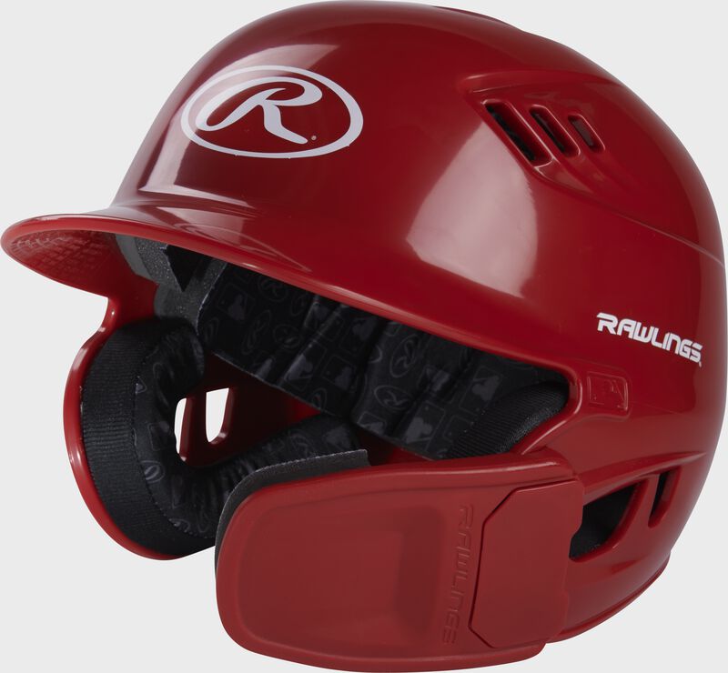 Front left-side view of Scarlet R16 Reverse Clear Coat Batting Helmet | Junior & Senior - SKU: RSGR6R00