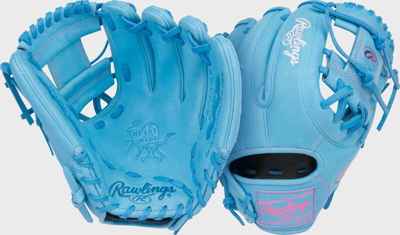 Two images showing the palm & back of a Heart of the Hide 11.5-Inch Columbia Blue Infield Glove