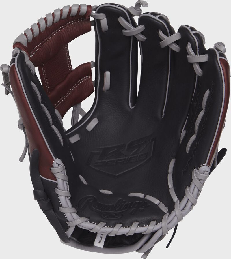R9314-2BSG Rawlings 11.5-inch R9 series baseball glove with a black palm and grey laces