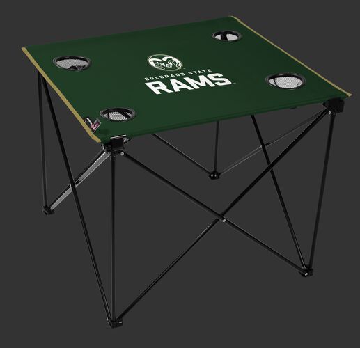 A green NCAA Colorado State Rams deluxe tailgate table with four cup holders and team logo printed in the middle SKU #00713013111