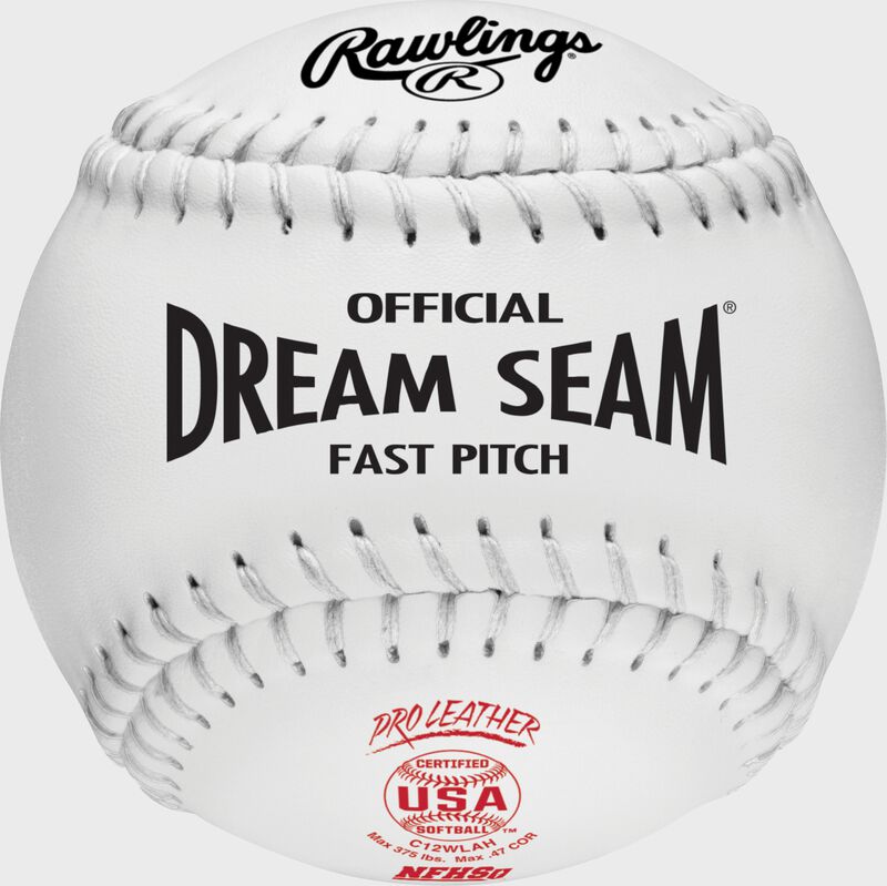 A white C12WLAH USA NFHS official Dream Seam softball with white stitching