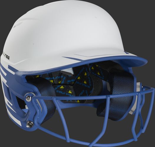 Front right of a Rawlings Mach fastpitch batting helmet with a royal mask - SKU: MSB13S-W/R