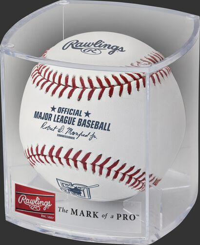 A ROMLBSD50 San Diego Padres 50th anniversary ball in a clear display cube