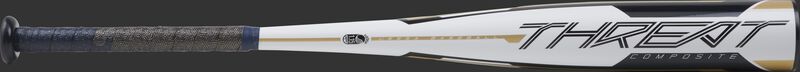 Barrel of a white UTZT12 Rawlings 2020 Threat USSSA bat with navy/gold accents
