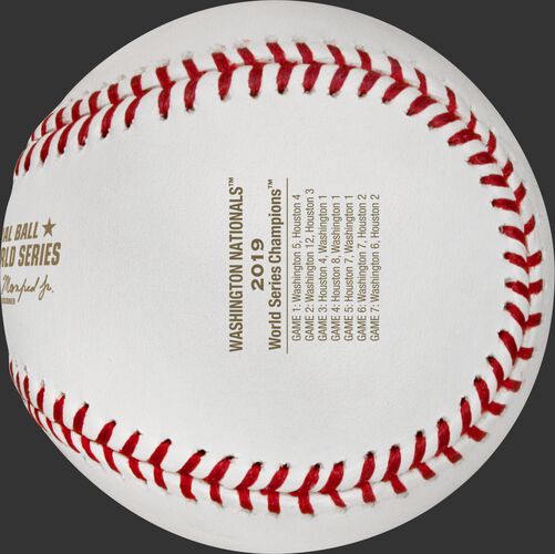 The World Series game scores stamped on the WSBB19CHMP Nationals champions baseball