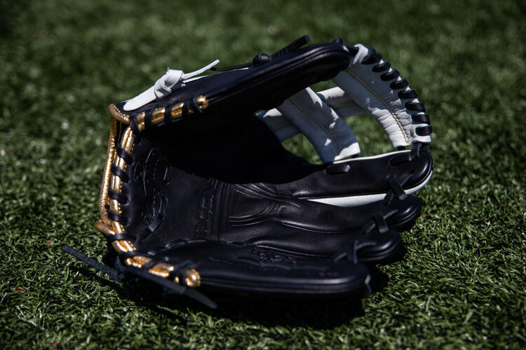 Black palm of an Encore 11.25-Inch infield glove lying on a field - SKU: EC1125-20BW