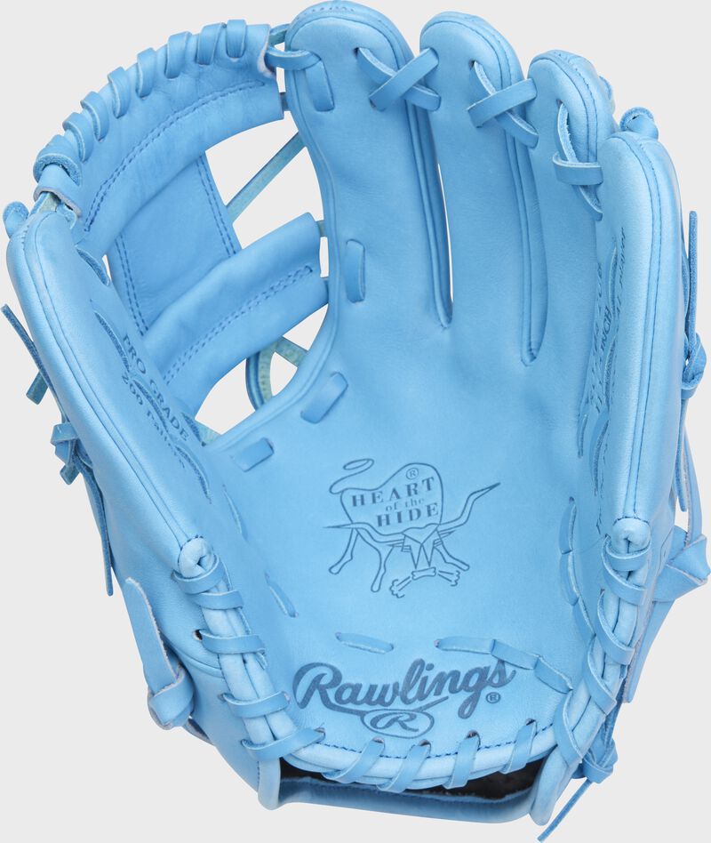 Palm of a Columbia blue Rawlings Heart of the Hide glove with Columbia blue laces - SKU: PRO204-2CB