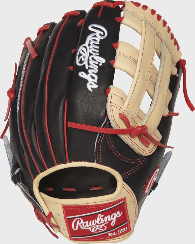 PROBH34 13-inch Bryce Harper Game Day glove with a black back and scarlet welting
