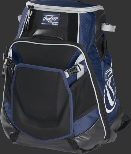 Front left of a navy VELOBK Rawlings Velo equipment backpack with an Oval R logo on the side compartment