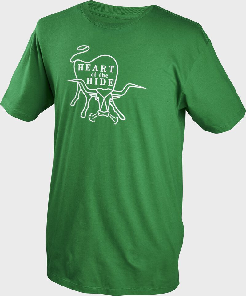 A kelly green Rawlings Heart of the Hide short sleeve shirt with the HOH logo printed in white