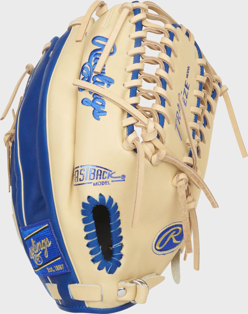 Back of a camel/royal HOH R2G Trap-Eze web outfield glove - SKU: PROR6019-22CR