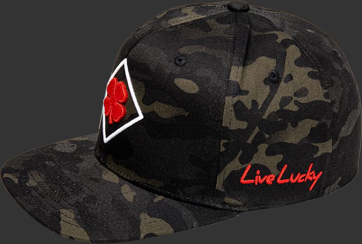 A Rawlings Black Clover Diamond MultiCam fitted hat with "Live Lucky" on the side in red - SKU: BCR1DM0071